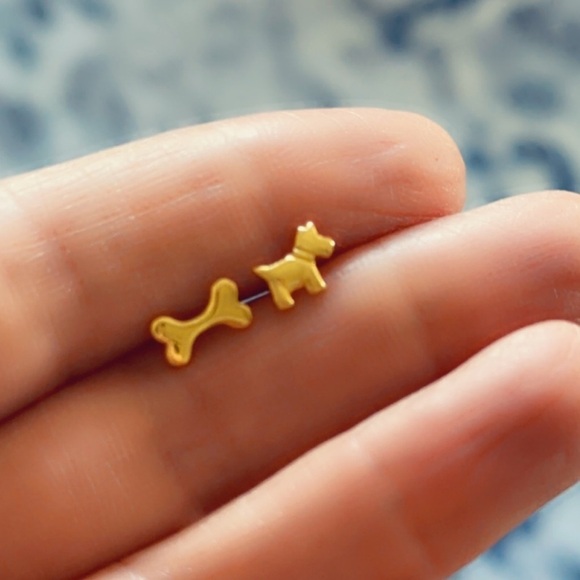 14k Gold Dog and Bone Mismatched Tiny Stud Earrings - Picture 3 of 12